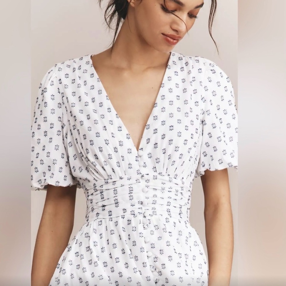 Anthropologie White Midi Dress with Navy embroidered print